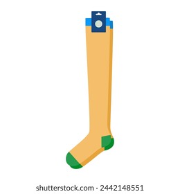 Yellow socks with logo tag hosiery knee high length. Fashion accessory clothing technical illustration stocking. Vector, side view for Men, women, unisex style, flat template CAD mockup sketch outline