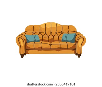 Yellow sofa with blue pillows