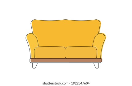 Yellow sofa in line art style. Icon isolated on white background. Vector.