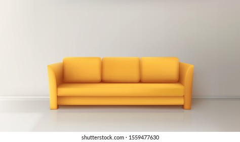 Yellow Sofa In Living Room. Vector Realistic Orange Couch For Home, Office Or Studio Interior Design. Comfortable Lounge For Resting Or Waiting