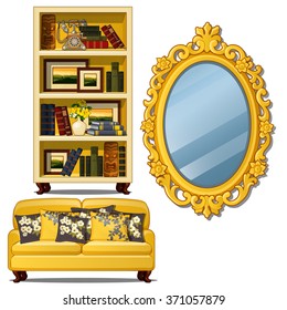 Yellow sofa, mirror and a bookcase. Vector.