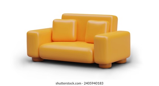 sofá amarillo con almohadas. Cómodos muebles mullidos para el hogar en el concepto de estilo de dibujos animados. Ilustración vectorial en estilo 3d con fondo blanco con sombra