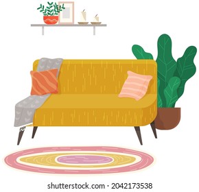Yellow sofa with pillows in interior desing with striped carpet. Interior with cozy furniture and decorations. Arrangement of furniture with couch, shelves and plants isolated on white background