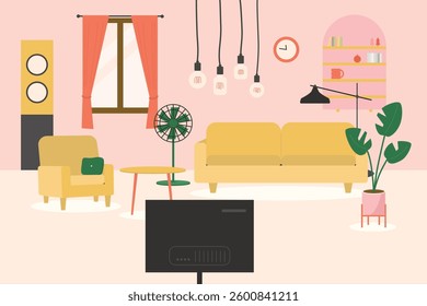 Yellow sofa and pink wallpaper with cozy scenery in the living room