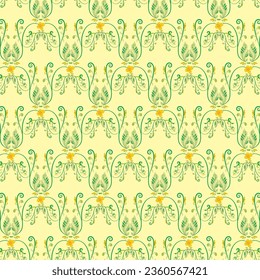 yellow soft background with repeated align green flower abstract pattern