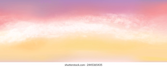 Yellow soft clouds floated in the sky on a clear day. Beautiful air and sunlight with cloud scape colorful. Golden Sunset sky for background. Purple to yellow sky vector illustration.