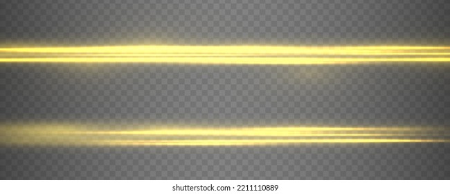 Yellow soft horizontal neon lines and lights. Set of abstract lens flares. Flash golden line motion. Laser sparkle beams, glowing speed rays, gold light effect. Luminous sparkling lined. Vector