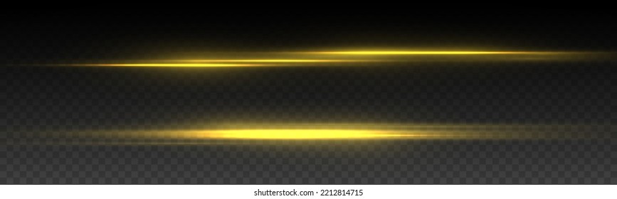 Luces y líneas de neón horizontales amarillas y suaves. Conjunto de bengalas de lente abstractas. Moción de la línea dorada. Vigas láser brillantes, rayos de velocidad brillante, efecto de luz dorado. Luminoso reluciente. Vector