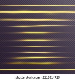 Luces y líneas de neón horizontales amarillas y suaves. Conjunto de bengalas de lente abstractas. Moción de la línea dorada. Vigas láser brillantes, rayos de velocidad brillante, efecto de luz dorado. Luminoso reluciente. Vector