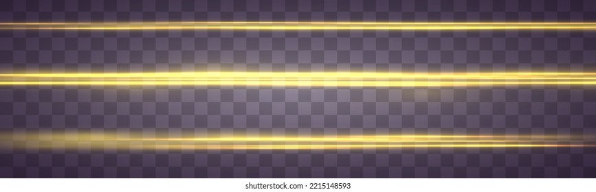 Yellow soft horizontal neon lines and lights. Set of abstract lens flares. Flash golden line motion. Laser sparkle beams, glowing speed rays, gold light effect. Luminous sparkling lined. Vector