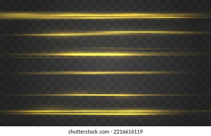 Luces y líneas de neón horizontales amarillas y suaves. Conjunto de bengalas de lente abstractas. Moción de la línea dorada. Vigas láser brillantes, rayos de velocidad brillante, efecto de luz dorado. Luminoso reluciente. Vector