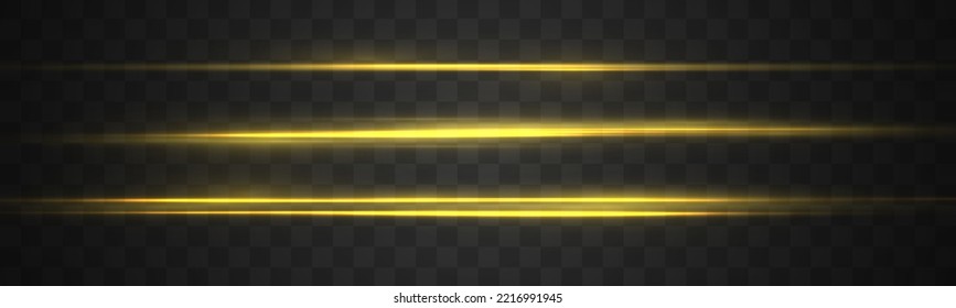 Luces y líneas de neón horizontales amarillas y suaves. Conjunto de bengalas de lente abstractas. Moción de la línea dorada. Vigas láser brillantes, rayos de velocidad brillante, efecto de luz dorado. Luminoso reluciente. Vector