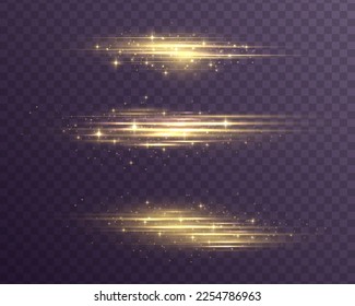 Luces y líneas de neón horizontales amarillas y suaves. Movimiento de la línea dorada. Vigas láser brillantes, rayos de velocidad brillantes, polvo provoca efecto luminoso. Conjunto de bengalas de lente abstractas. Luminoso reluciente. Vector	
