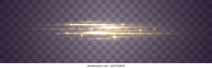 Yellow soft horizontal neon lines and lights. Flash gold line motion. Laser sparkle beams, glowing speed rays, dust sparks light effect. Set of abstract lens flares. Luminous sparkling lined. Vector	
