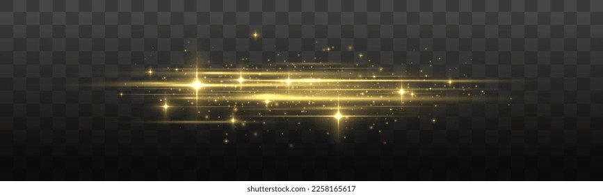 Yellow soft horizontal neon lines and lights. Flash gold line motion. Laser sparkle beams, glowing speed rays, dust sparks light effect. Set of abstract lens flares. Luminous sparkling lined. Vector	