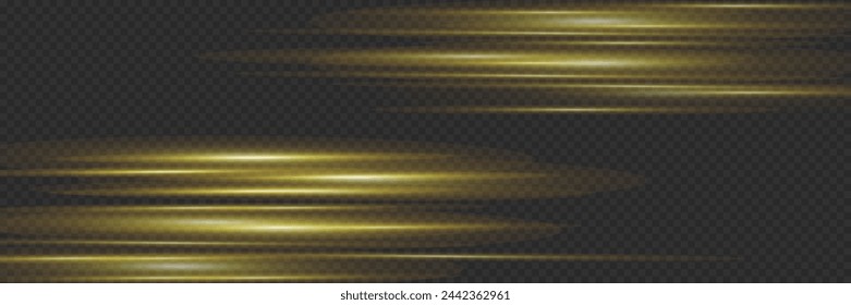 Líneas y luces de neón horizontales suaves amarillas. Conjunto de destellos de lentes abstractas. Flash movimiento de línea dorada. Rayos láser brillantes, rayos de velocidad brillantes, efecto de luz dorada. Brillante y luminoso forrado. Vector