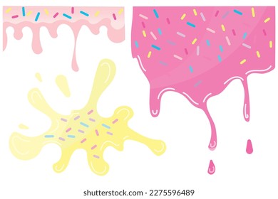 Helado suave amarillo, salpicaduras de dulces, borde largo rosado, patrón de banner sin costura, fondo blanco vectorial