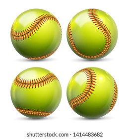 Yellow Softball Equipment Of Baseball Set Vector. Glossy Element Of Team Playing Game Softball. Different View Of Ball With Red Seams For Activity Professional Sport Realistic 3d Illustration