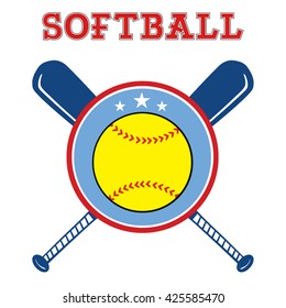 Yellow Softball Over Crossed Bats Logo Design Label. Vector Illustration Isolated On White Background With Text