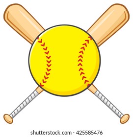 Yellow Softball Over Crossed Bats Logo Design. Vector Illustration Isolated On White Background