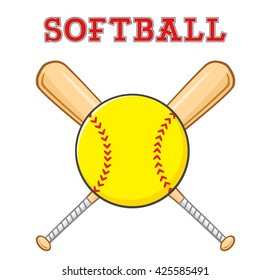 Yellow Softball Over Crossed Bats Logo Design. Vector Illustration With Text Isolated On White Background