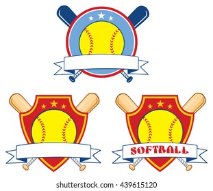 Yellow Softball Over Crossed Bats Logo Design Labels. Vector Illustration Isolated On White Background Collection Set