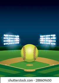 A yellow softball sitting on an illuminated softball field at night. Vertical orientation. Room for copy. Vector EPS 10 available. EPS file contains transparencies and gradient mesh.