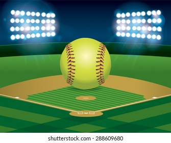 A yellow softball sitting on an illuminated softball field at night. Vector EPS 10 available. EPS file contains transparencies and gradient mesh.