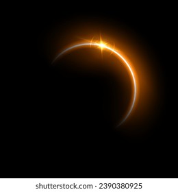 Yellow solar eclipse flare vector Illustration. Gold glowing sunlight circle with shining star. Energy semicircle bright curve with glare on edge, shiny design element on black background.
