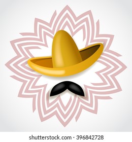 Yellow sombrero and black mustache on the background of the national Mexican pattern