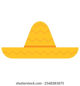 Yellow sombrero with a wide brim and a high pointed crown, featuring a zigzag pattern along the brim and crown, representing traditional Mexican cultural attire.