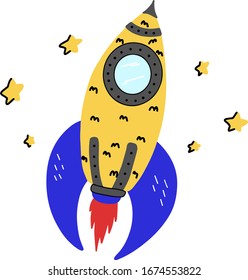 A yellow space rocket flying up in the starry sky. Color vector illustration, scandinavian style, doodle, flat.