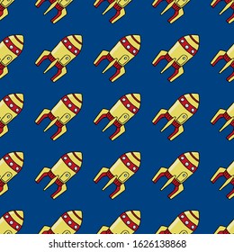 Yellow space rockets. Seamless pattern. Vector drawing. Replaceable blue background. Texture.