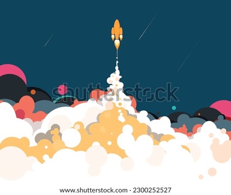 Yellow Space Ship Cosmic Adventure - Vibrant Vector Illustration of a Space ship Breaking Clouds and Entering Orbit with Shooting Stars	