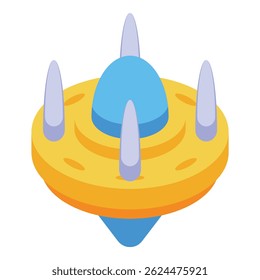 Nave amarela pousando em um planeta desconhecido com seus propulsores azuis disparando, ilustração isométrica