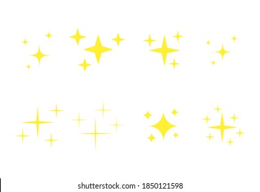Yellow spark emoji icons set. Golden glowing stars symbols collection. Bright christmas stars twinkle in flat style vector isolated