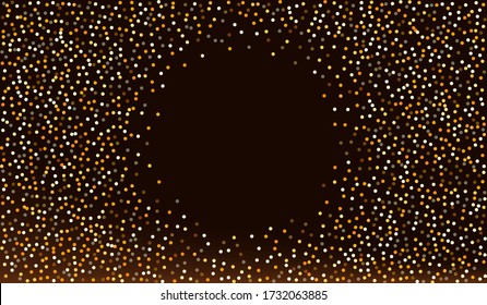 Yellow Sparkle Bright Brown Dark Background. Modern Shine Texture. Golden Circle Light Wallpaper. Rain Shiny Card.