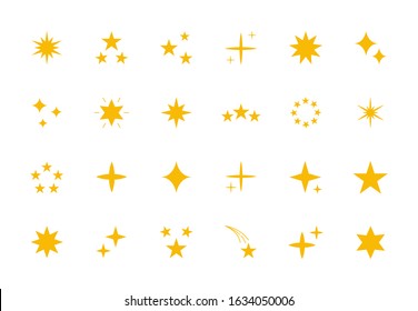 Yellow sparkle icons. Flash twinkle stars, set of flat glitter sparkles isolated on white background, magic spark symbols. Vector illustration