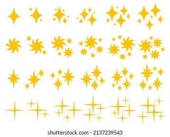 Yellow sparkle twinkling star icon set. Flat sparkling star icon set illustration