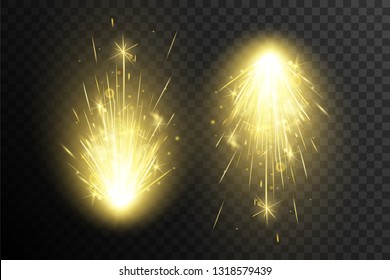 Yellow sparkler explosion. Trail of white firework.