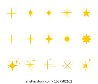 Yellow sparkles in flat style. Golden light star twinkle on isolated background. Silhouette decorative burst for christmas. Magic lights effect for birthday banner. Decoration vector illustration