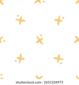 Yellow Sparkles Seamless Pattern Background. Cute yellow sparkles and dots on a white seamless background. Simple flat cartoon style with hand-drawn effect, bright and playful design.
