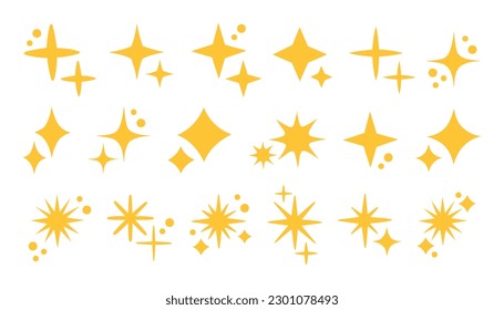 Estrellas amarillas, estrellas brillantes vectoriales, relucientes destellos de fuegos artificiales. Conjunto de elementos de estrella de varias formas.