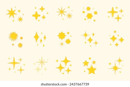 Yellow sparkles star symbols. Hand draw stars and magic lights sparkles set. Magic shine effect, starburst collection