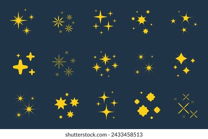 Yellow sparkles star symbols. Stars and magic lights sparkles set. Magic shine effect, starburst collection