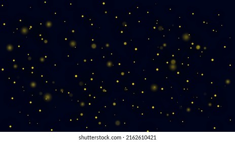 Yellow sparkling dust particles on a dark background. Magic gold stardust light effect. Vector background