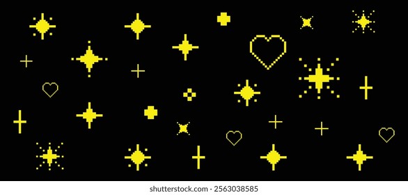 Yellow sparkling elements of Y2K stars. Glittering pixel art. Hearts. 90's aesthetic mood. 8-bit editable vector illustration. Game abstract on black background.