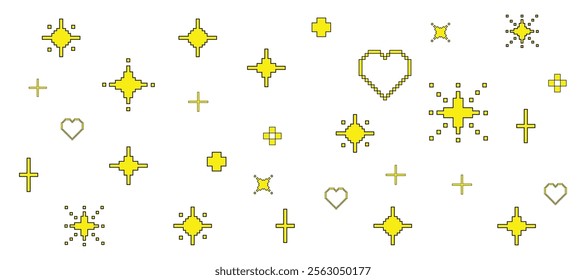 Yellow sparkling elements of Y2K stars. Glittering pixel art. Hearts. 90's aesthetic mood. 8-bit editable vector illustration. Game abstract on white background.