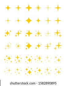 Yellow sparkling stars, shiny flashes of fireworks. Set of star elements with various glowing light effects.