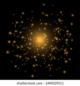 Yellow sparks glitter special light effect. Vector sparkles on dark background. Christmas abstract pattern. Sparkling magic dust particles 